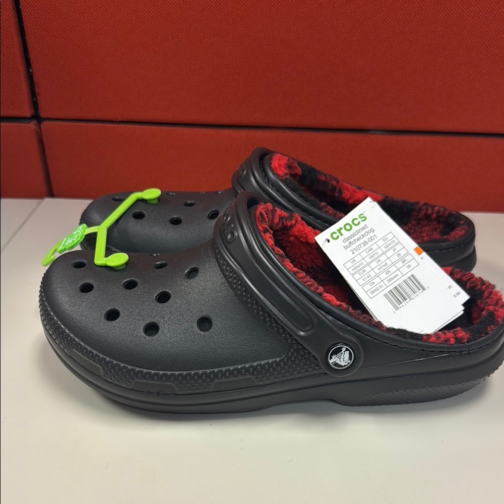 Crocs Black and Red Fuzzy Clogs